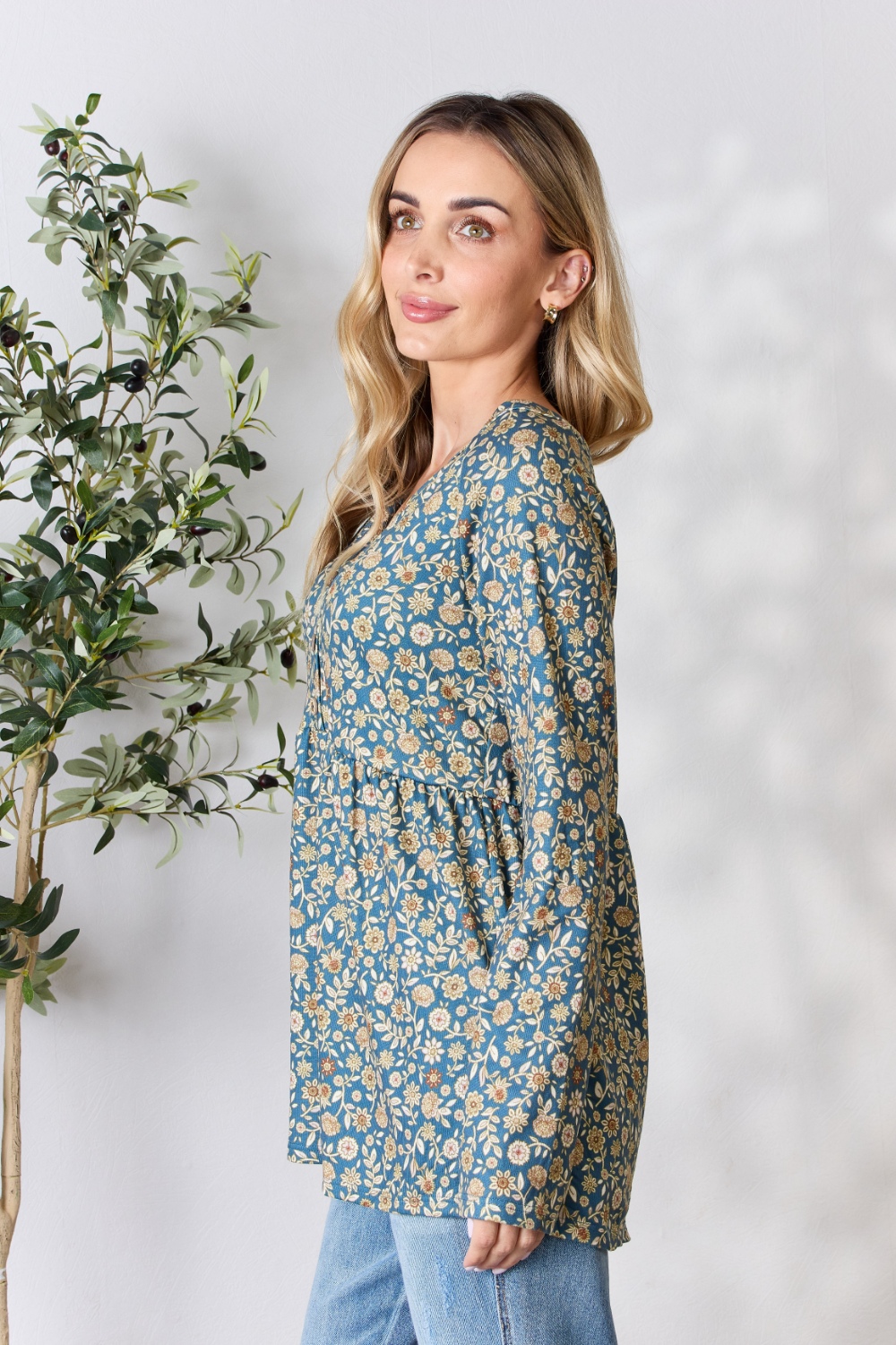 Full Size Floral Half Button Long Sleeve Blouse