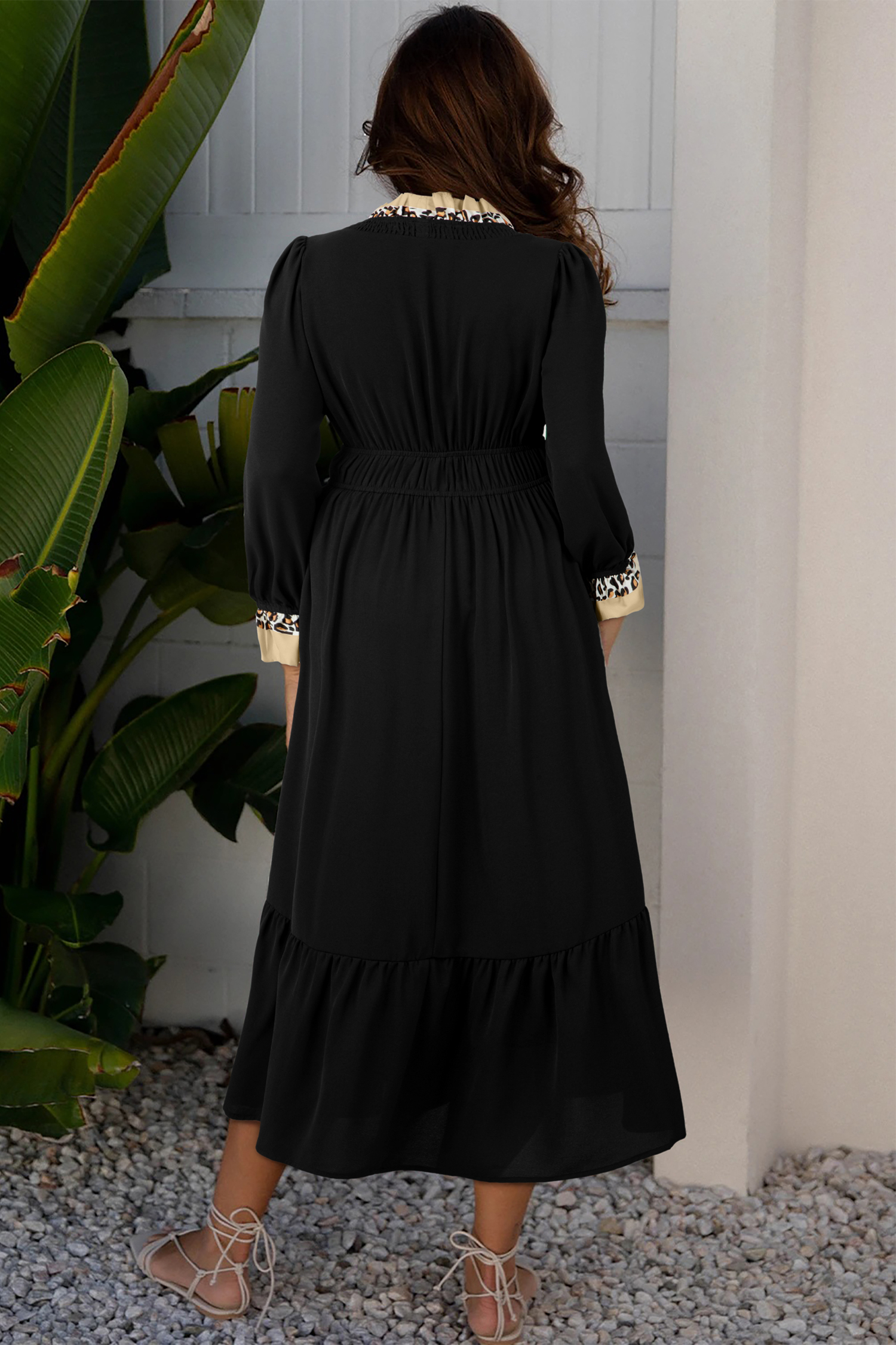 Contrast Leopard Frilled Trim V Neck Bracelet Sleeve Midi Dress