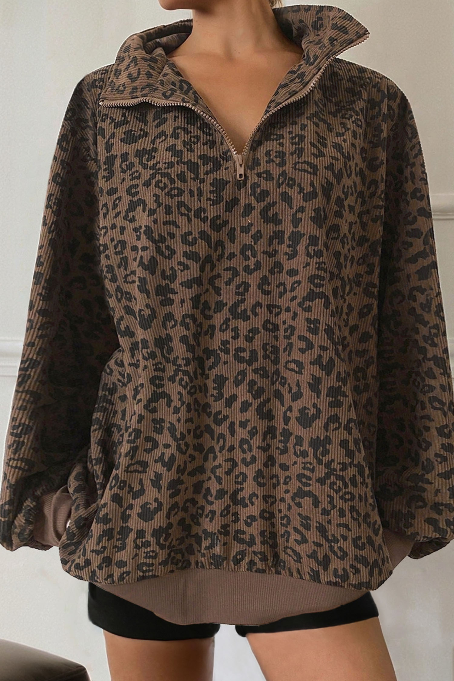 Leopard Print Quarter Zip Corduroy Sweatshirt