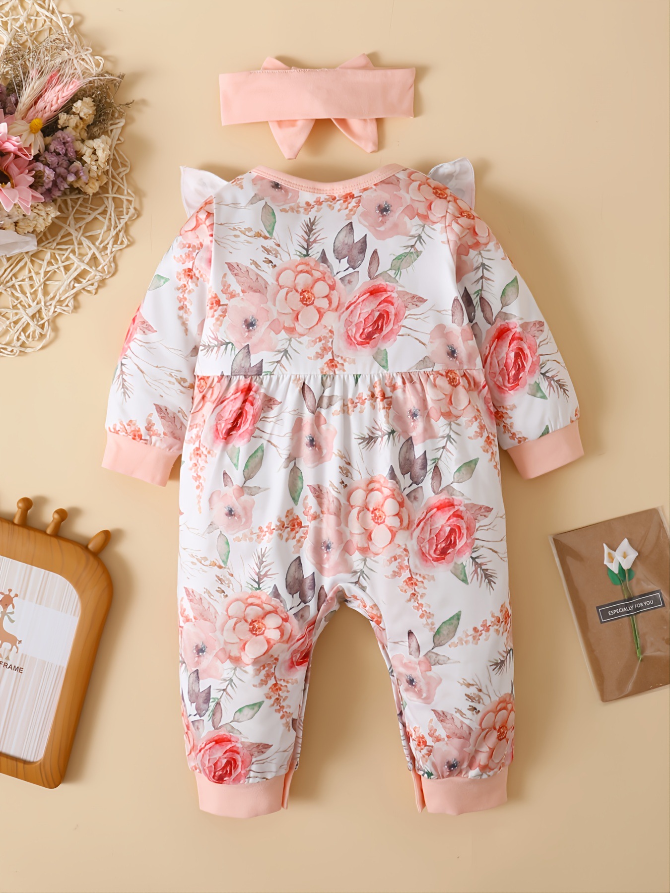 Ruffled Floral Round Neck Jumpsuit with Headband