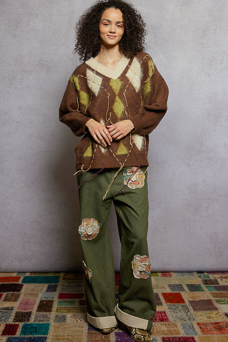 V-Neck Argyle Pattern Mohair Sweater with Contrast Exposed Stitch Detail