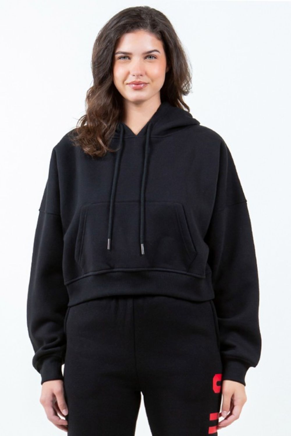 Letter Graphic Long Sleeve Drawstring Cropped Hoodie