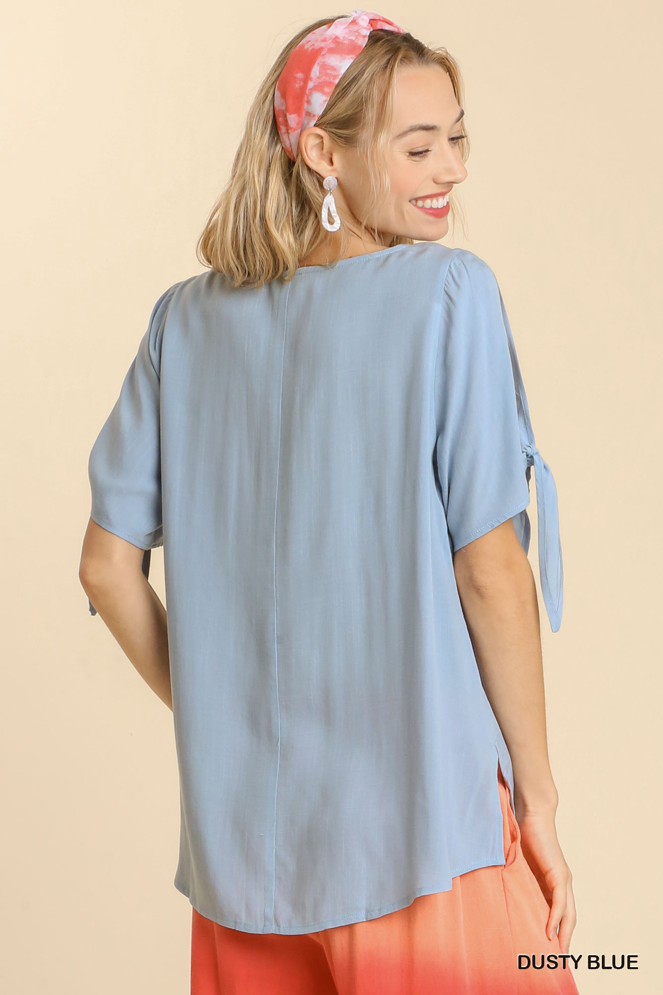 Umgee Cold Shoulder Short Sleeve Round Neck Top with Side Slits and Tie-able Knot Details