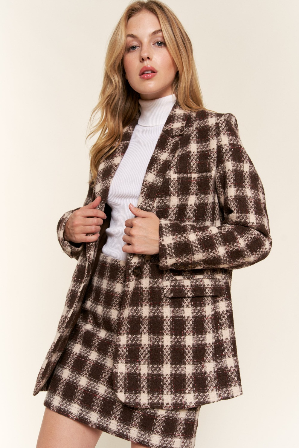 Full Size Plaid Brushed One Button Blazer