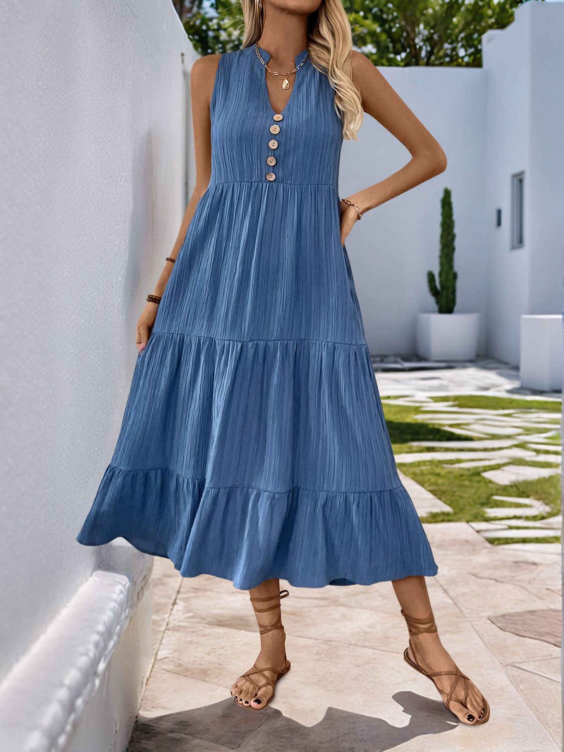 Decorative Button Notched Sleeveless Tiered Dress