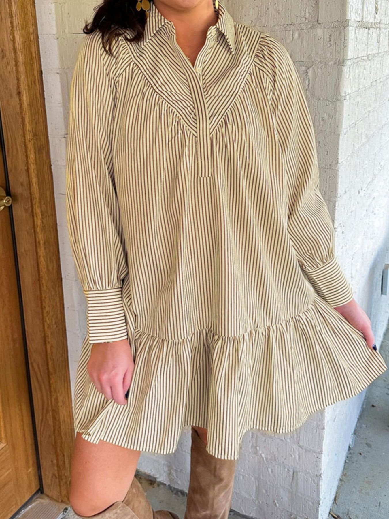 Stripe Collared Neck Cuffed Long Sleeve Drop Waist Mini Dress