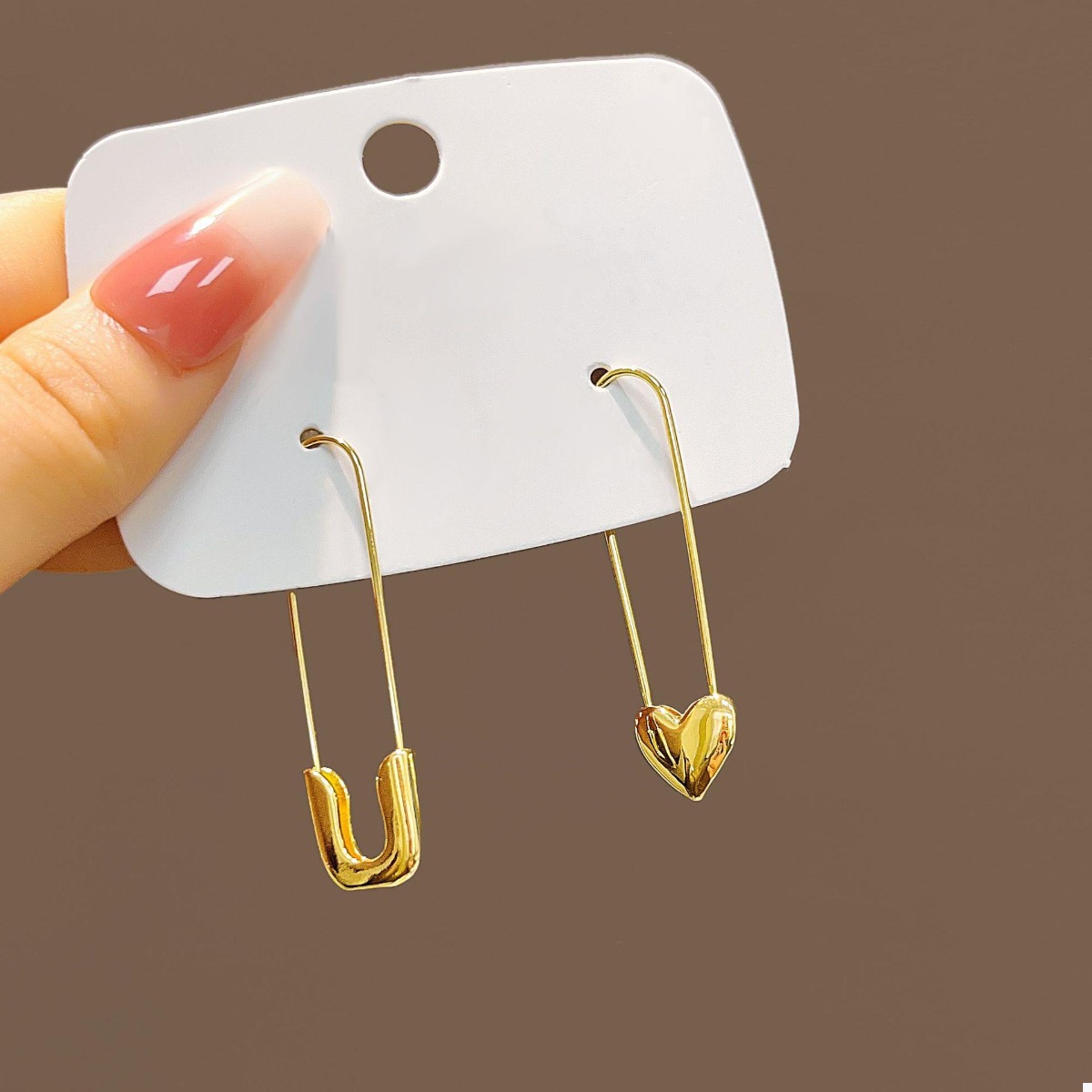 18K Gold-Plated Alloy Heart Safety Pin Drop Earrings