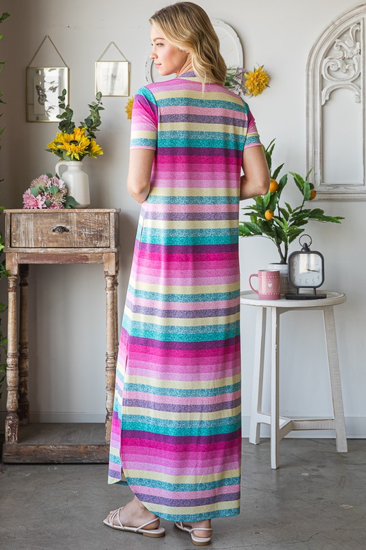 Full Size Striped Short Sleeve Maxi Tee Dress Plus Size