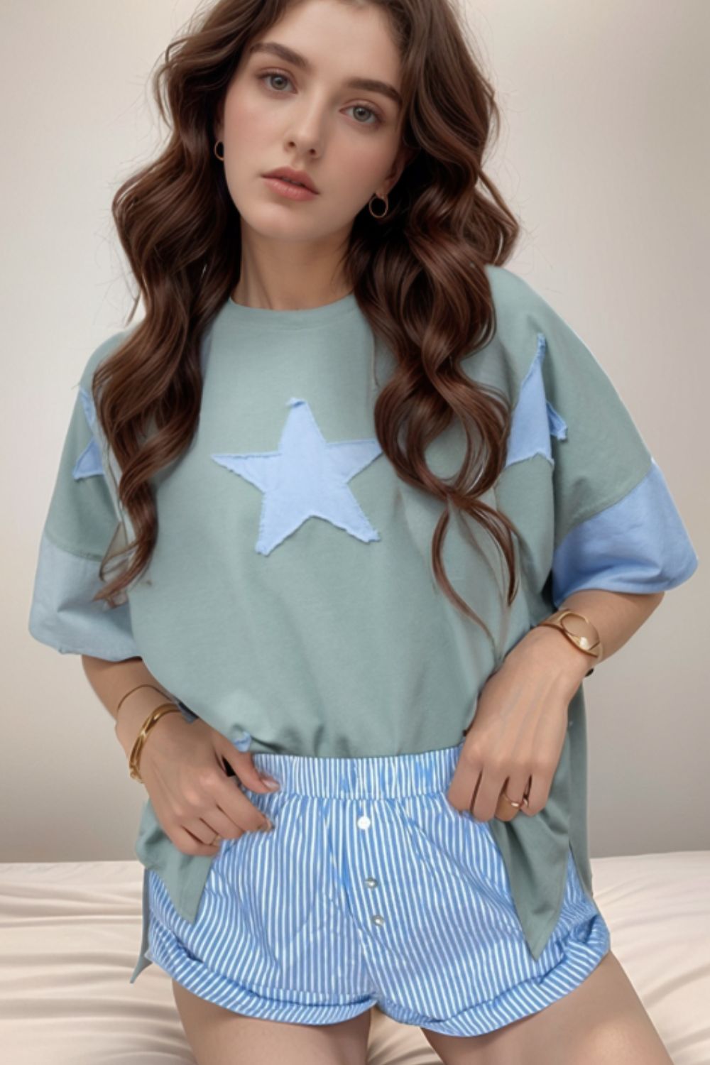 Frayed Denim Star Patched Oversize T Shirt