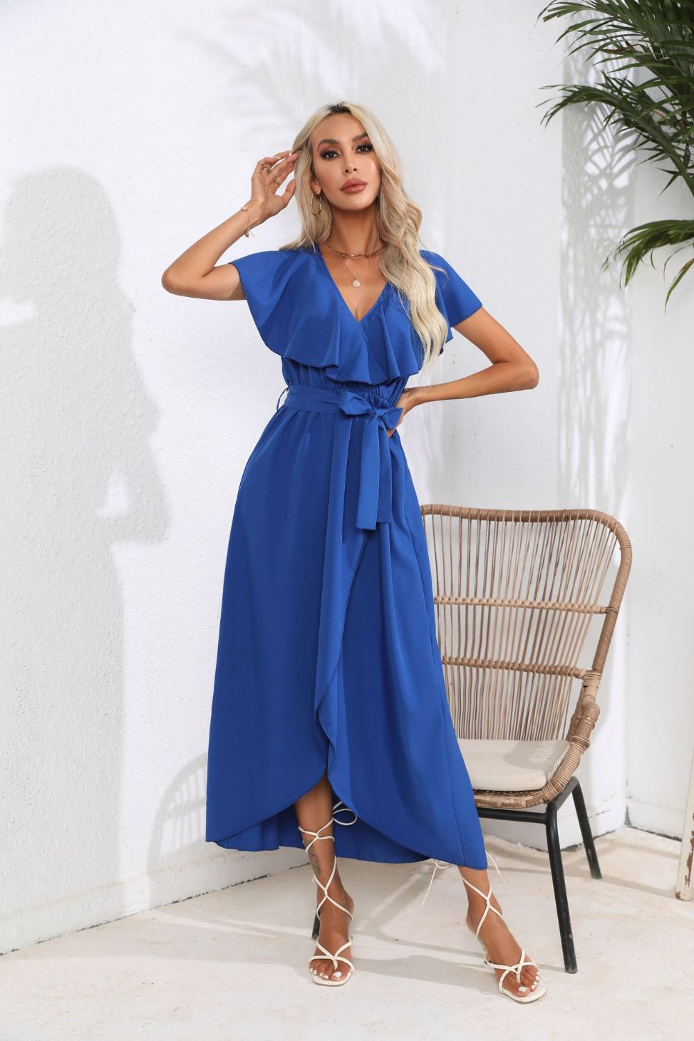 Tied Front Ruffled Short Sleeve Midi Dress