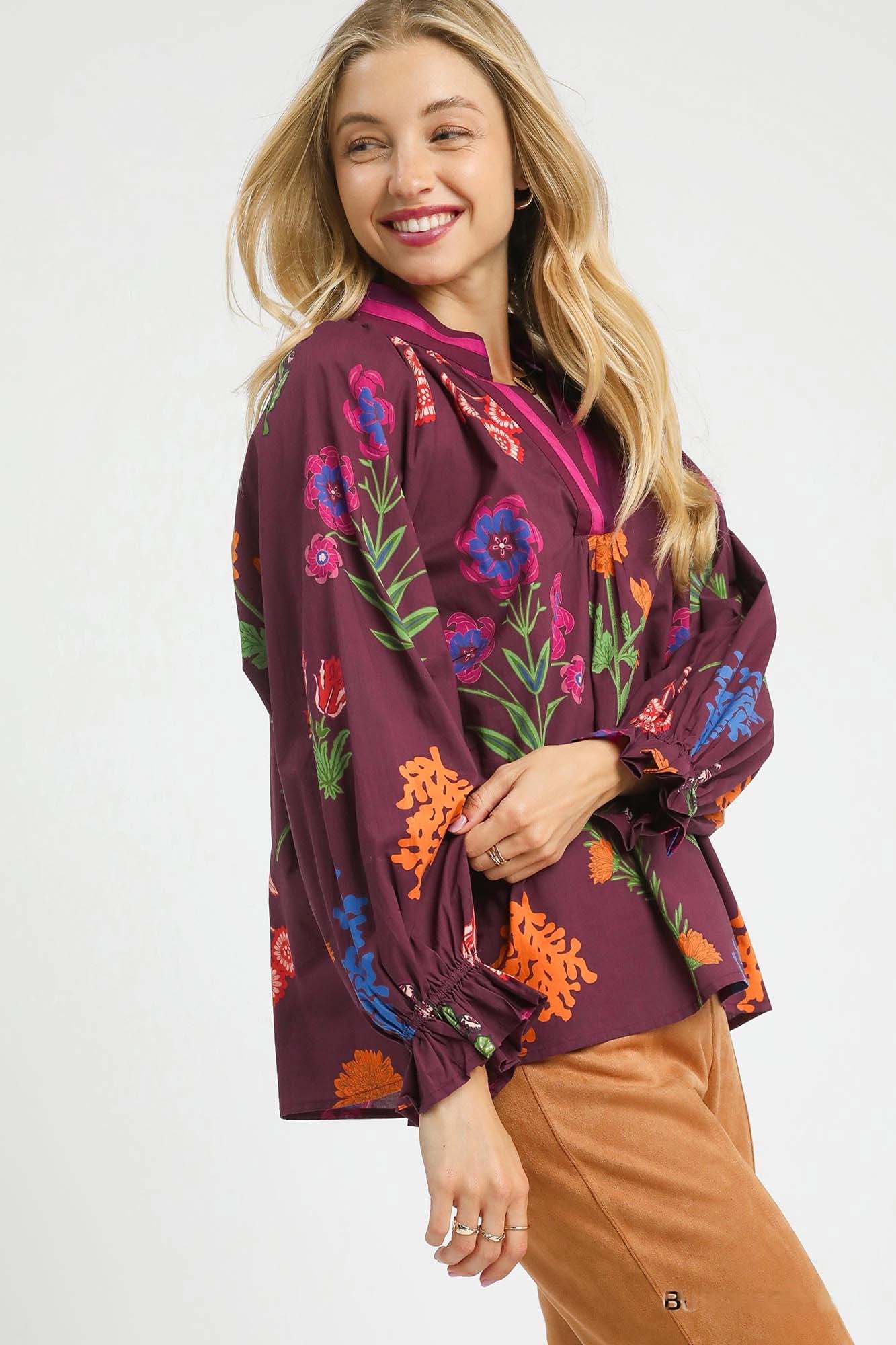 Umgee Floral Print Flounce Sleeve Blouse
