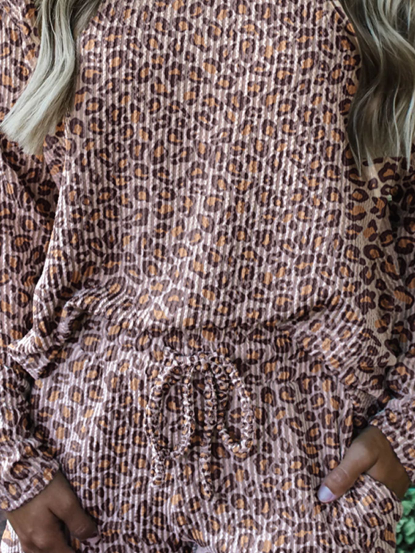 Leopard Ribbed Long Sleeve Top Drawstring Shorts 2pcs Outfit