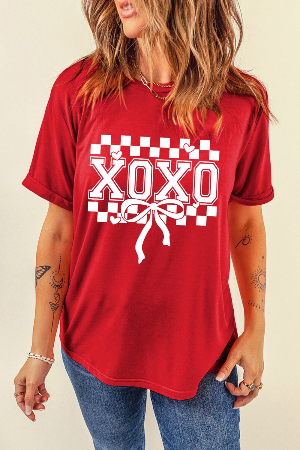 XOXO Checkered Ribbon Bow Print Valentines Day T Shirt