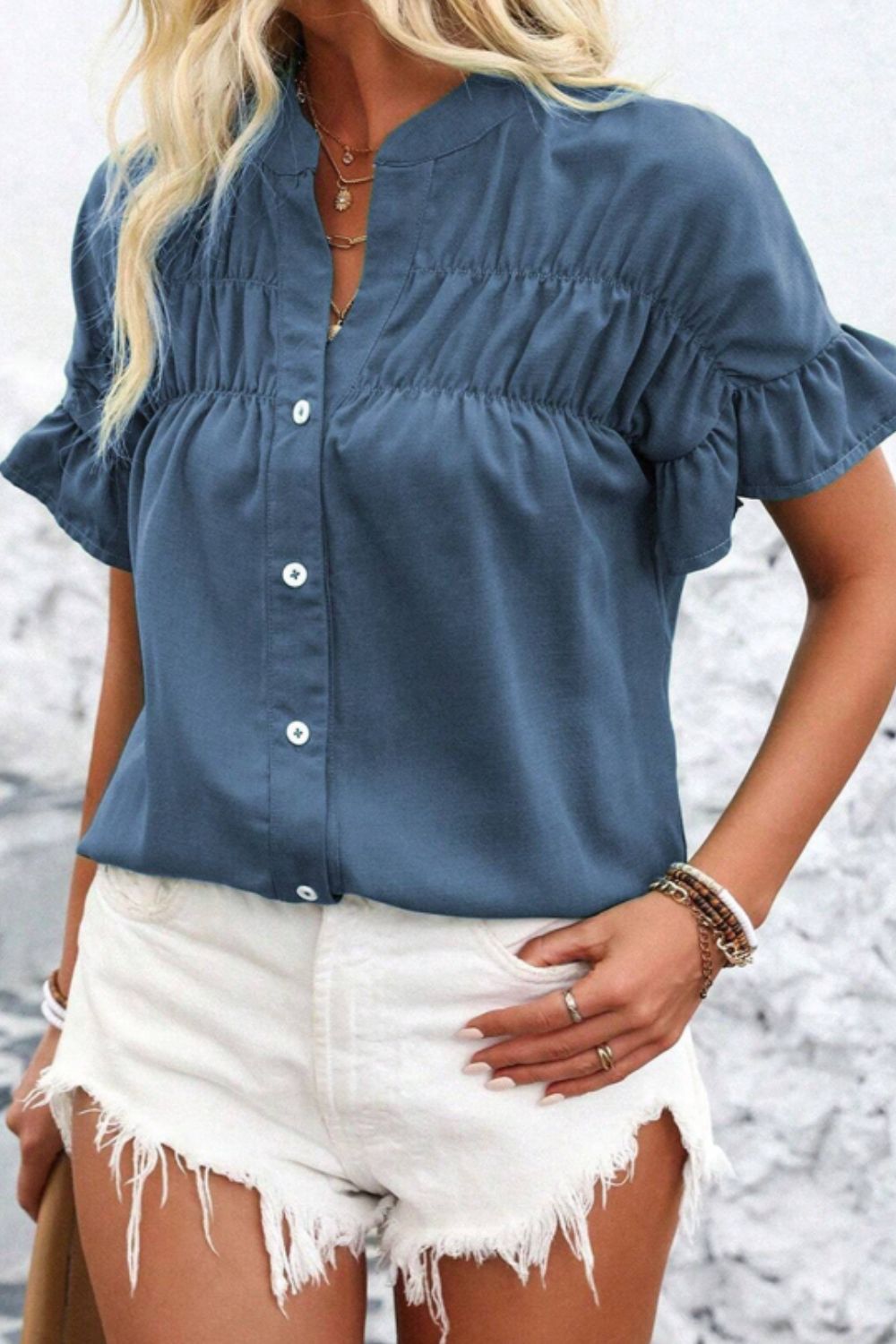 Ruffled Ruched Short Sleeve Button Down Shirt