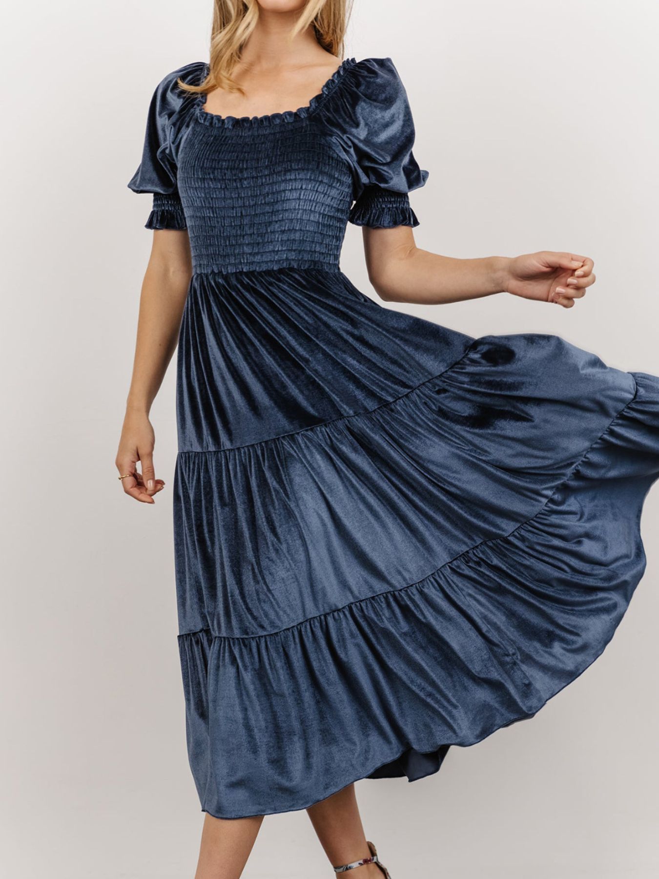 Velvet Smocked Tiered Midi Dress
