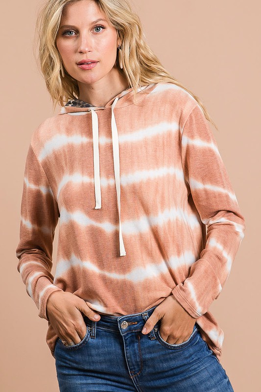 Tie Dye Stripe Terry Drawstring Hoodie With Leopard