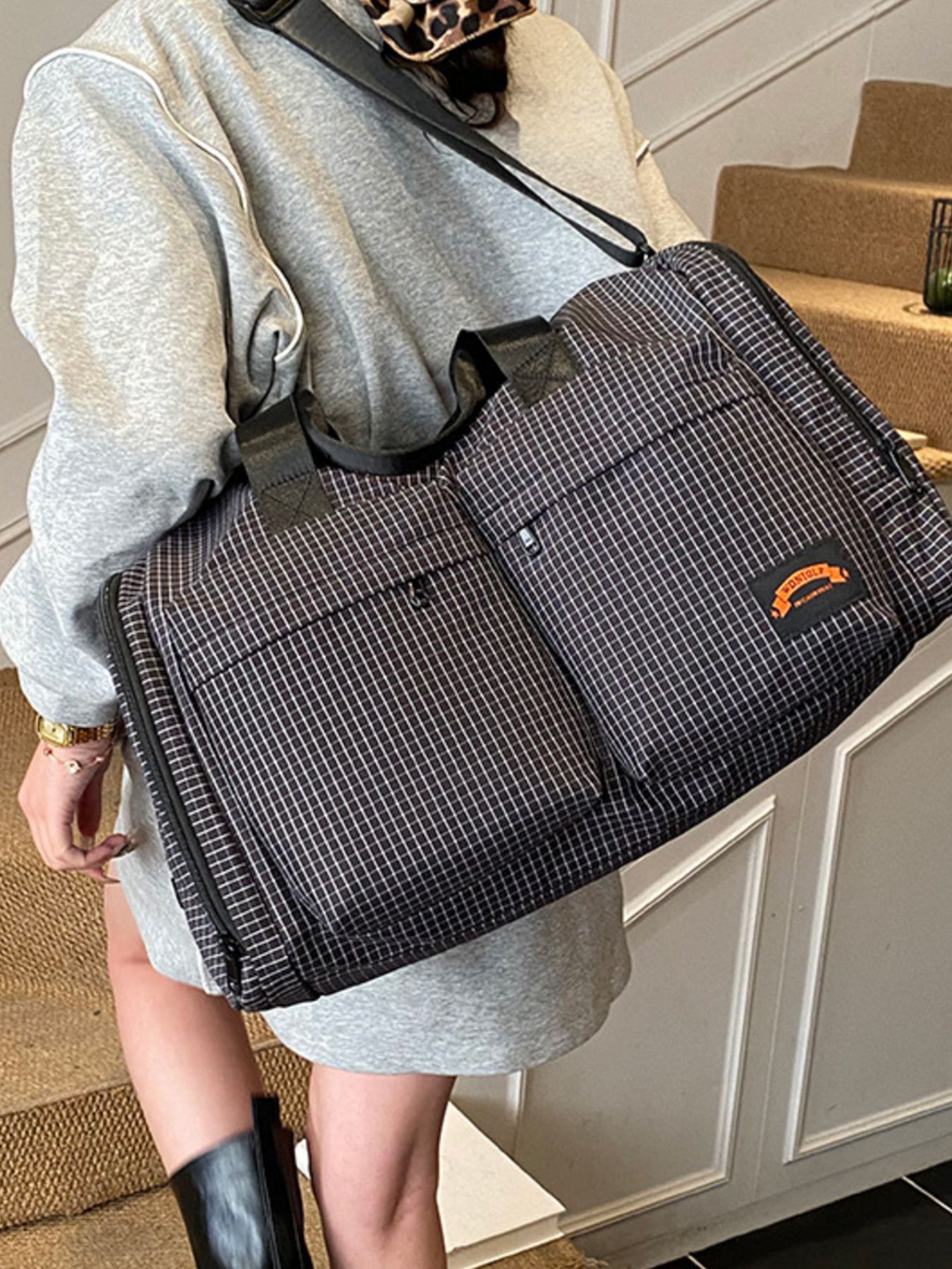 Plaid Duffel Bag with Multiple Pockets 7