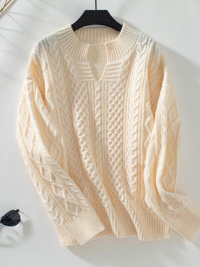 Cable-Knit Notched Long Sleeve Sweater - Premium Quality