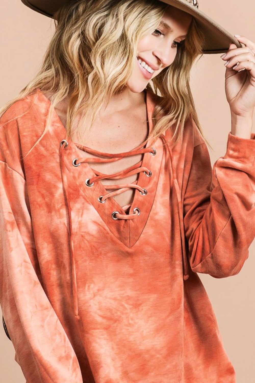 Lace-Up Tie-Dye French Terry Long Sleeve Top