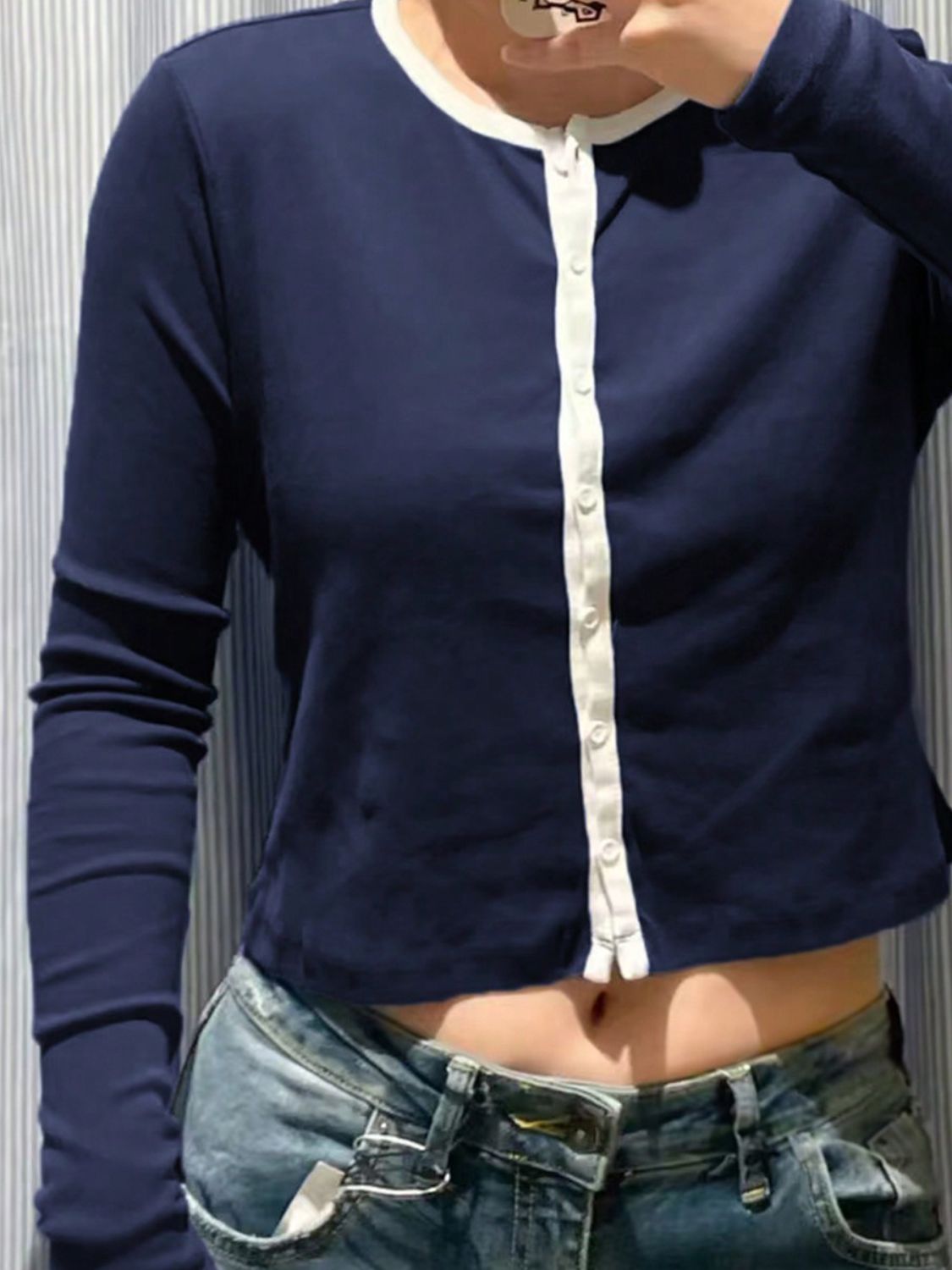 Button Down Contrast Trim Round Neck Long Sleeve Shirt