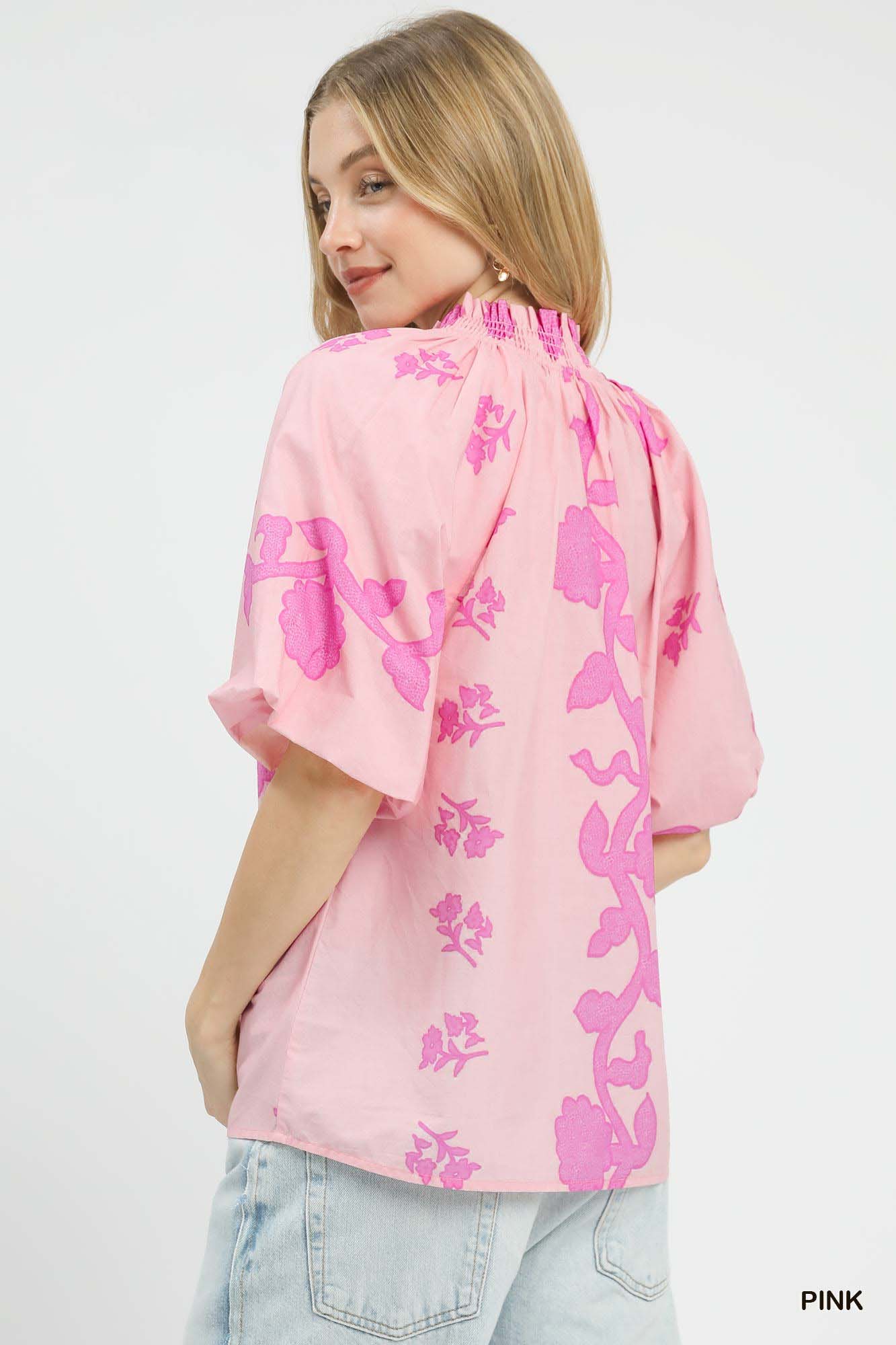 Umgee Floral Smocked Notched Puff Sleeve Blouse