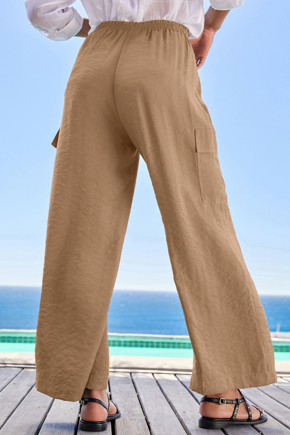 Drawstring Frilled Waist Wide Leg Utility Trousers