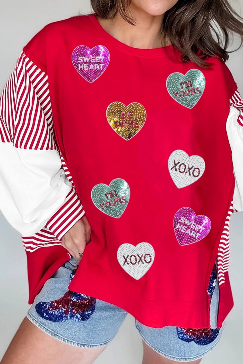 Valentines Day Sequin Heart Striped Color Block Patchwork Sweatshirt