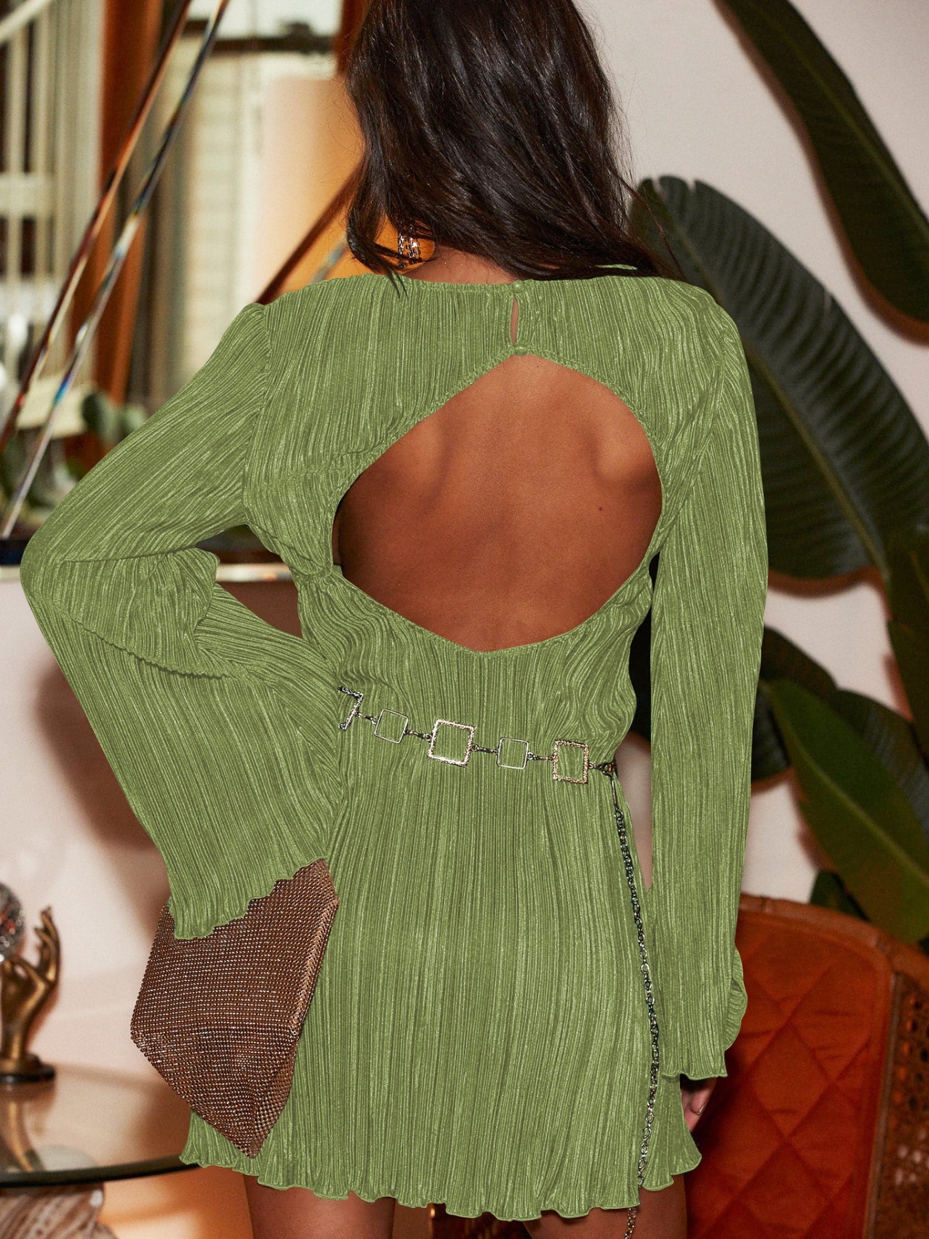 Cutout Back Flare Sleeve Dress