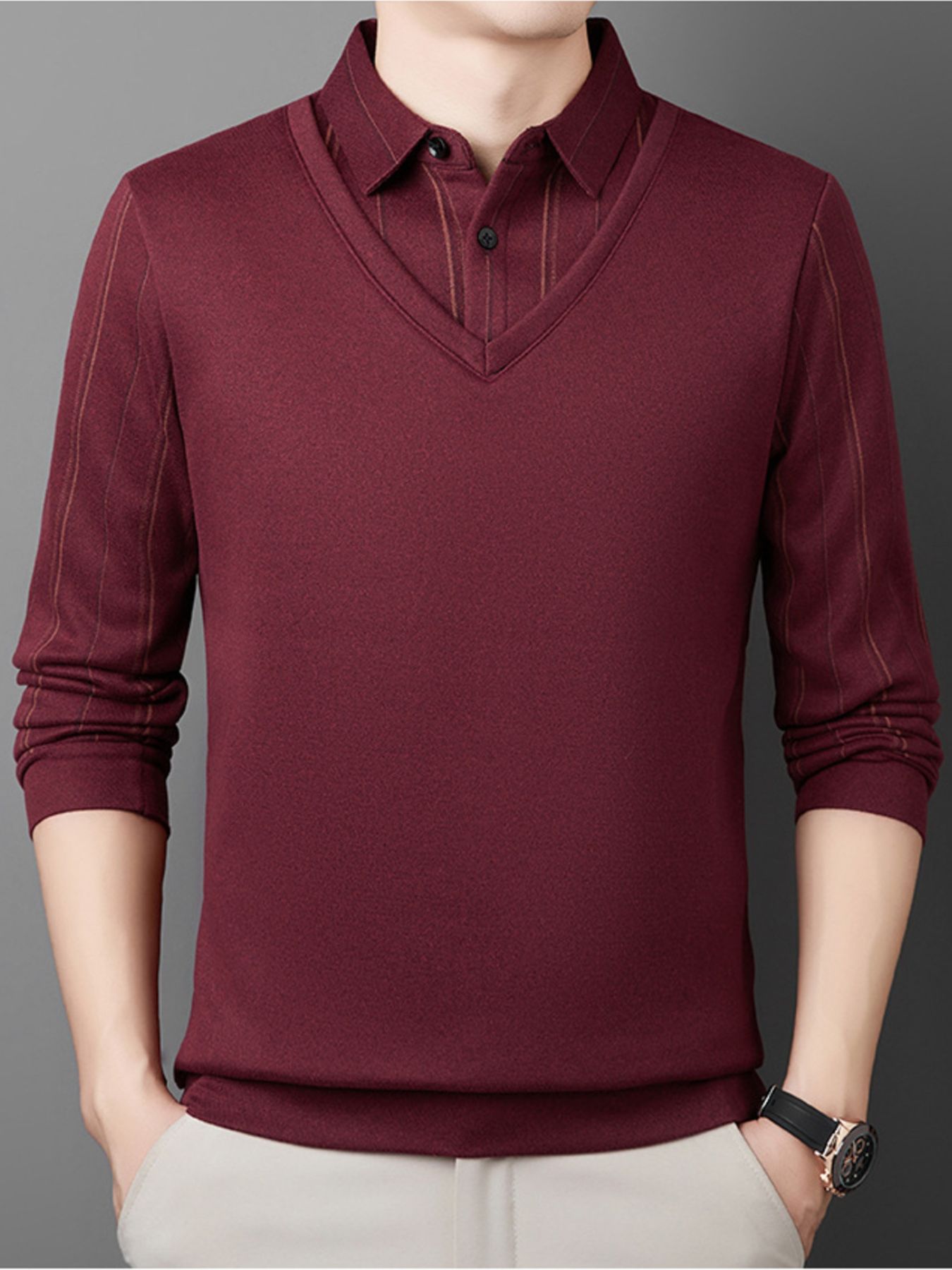 Men's Plus Size Layered Look Long Sleeve Polo