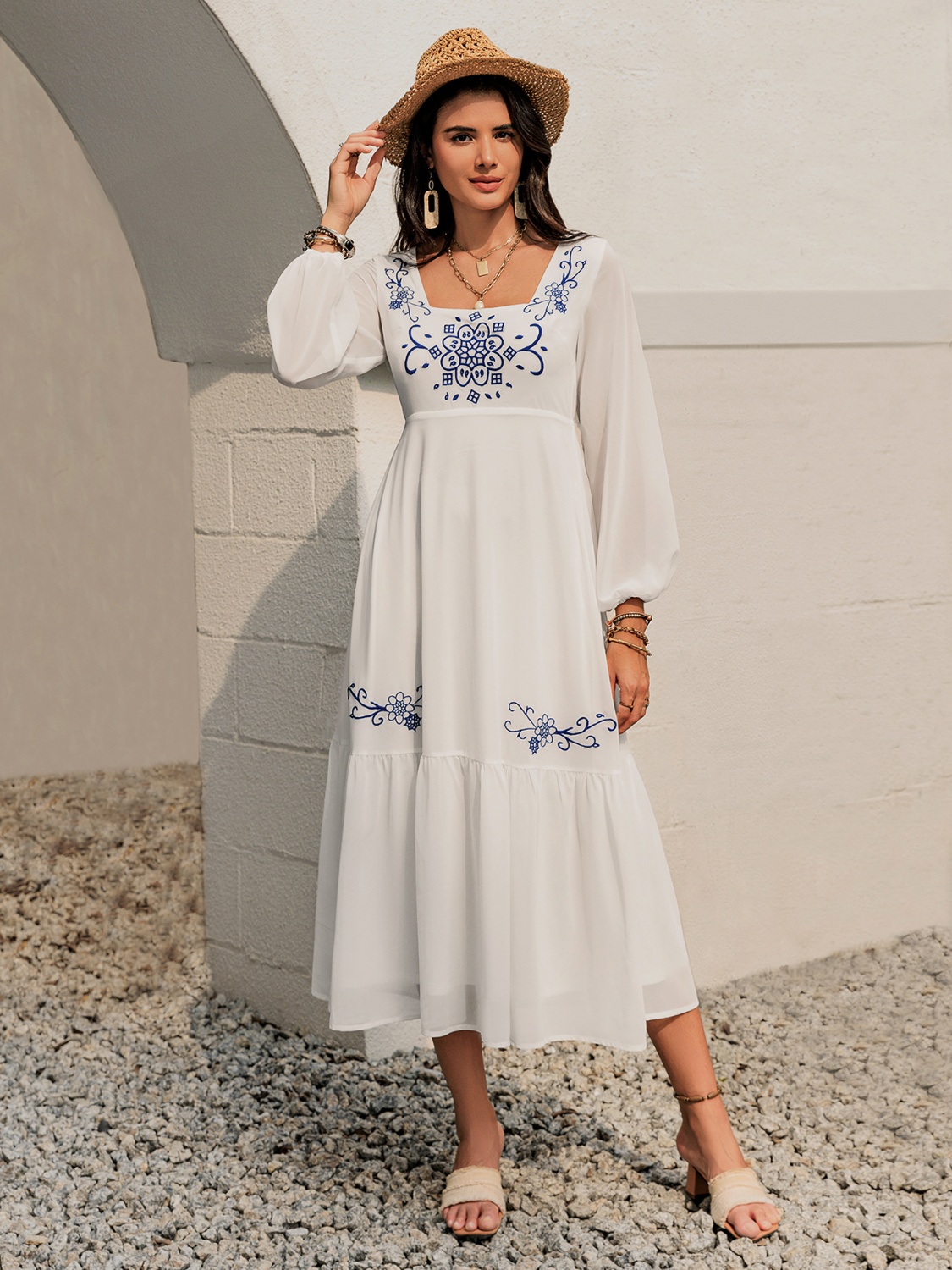 Printed Square Neck Balloon Sleeve Dress