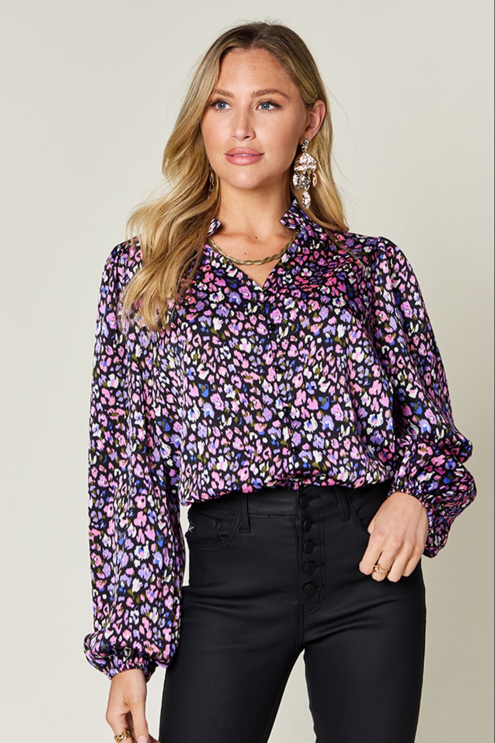 Double Take Full Size Printed Balloon Sleeve Shirt 1