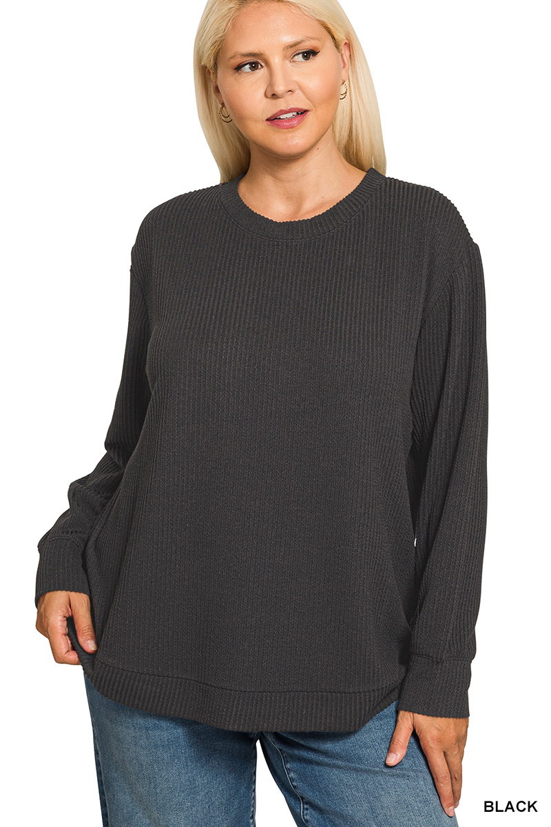 Full Size Raised Rib Round Neck Long Sleeve Top Plus Size