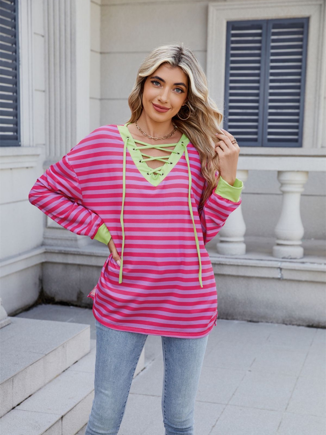 Lace-Up Striped Long Sleeve T-Shirt