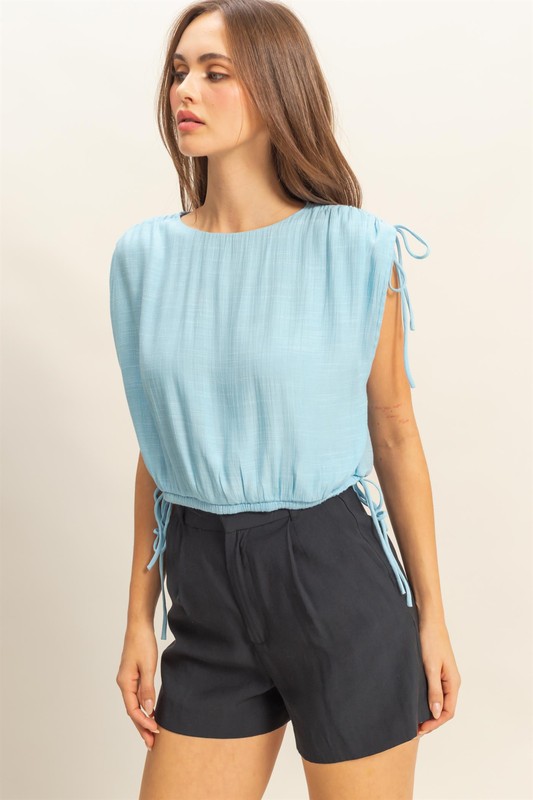 Bubble Hem Side Tie Detail Round Neck Sleeveless Blouse