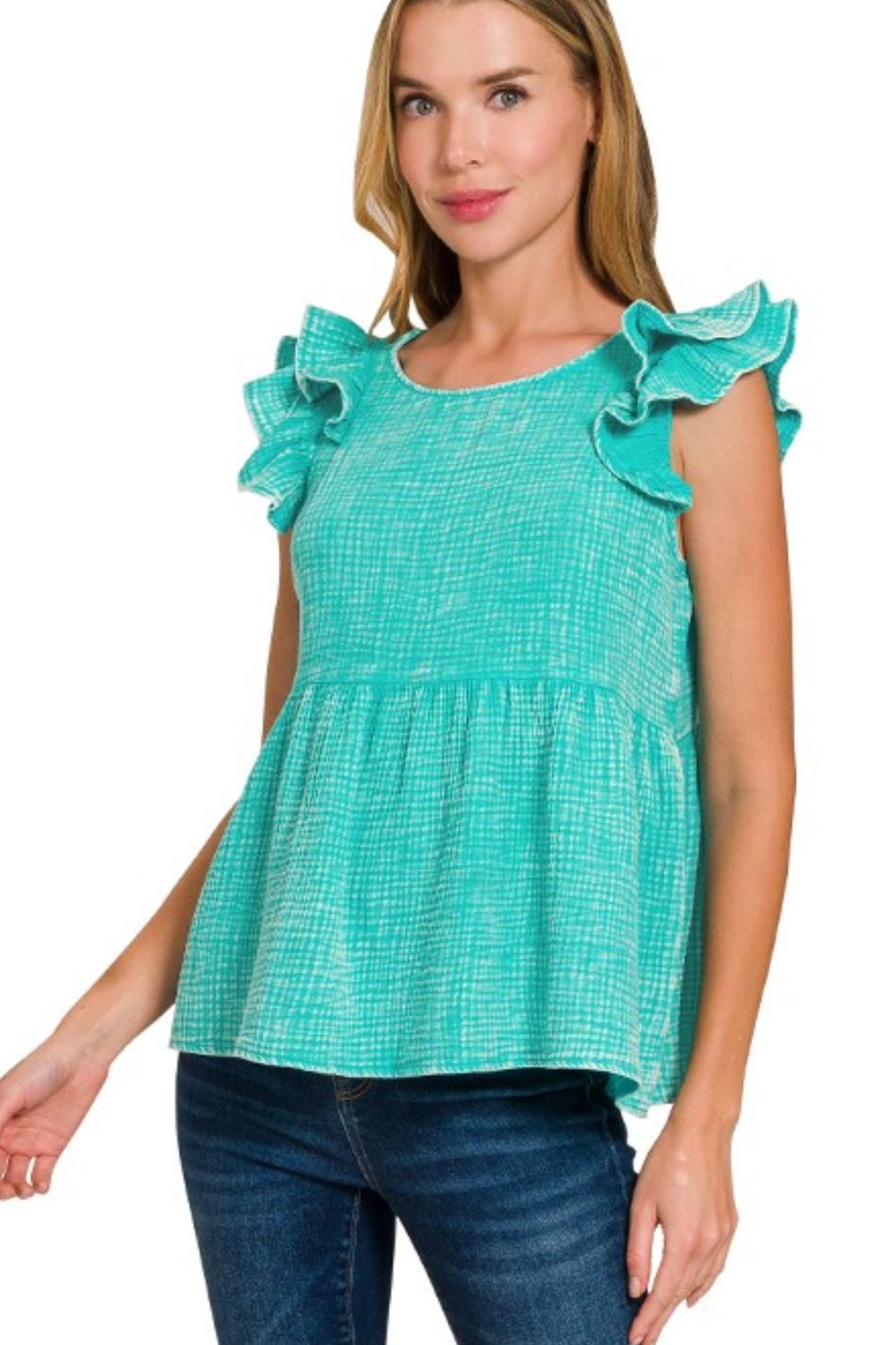 Double Gauze Acid Washed Tiered Ruffle Peplum Top