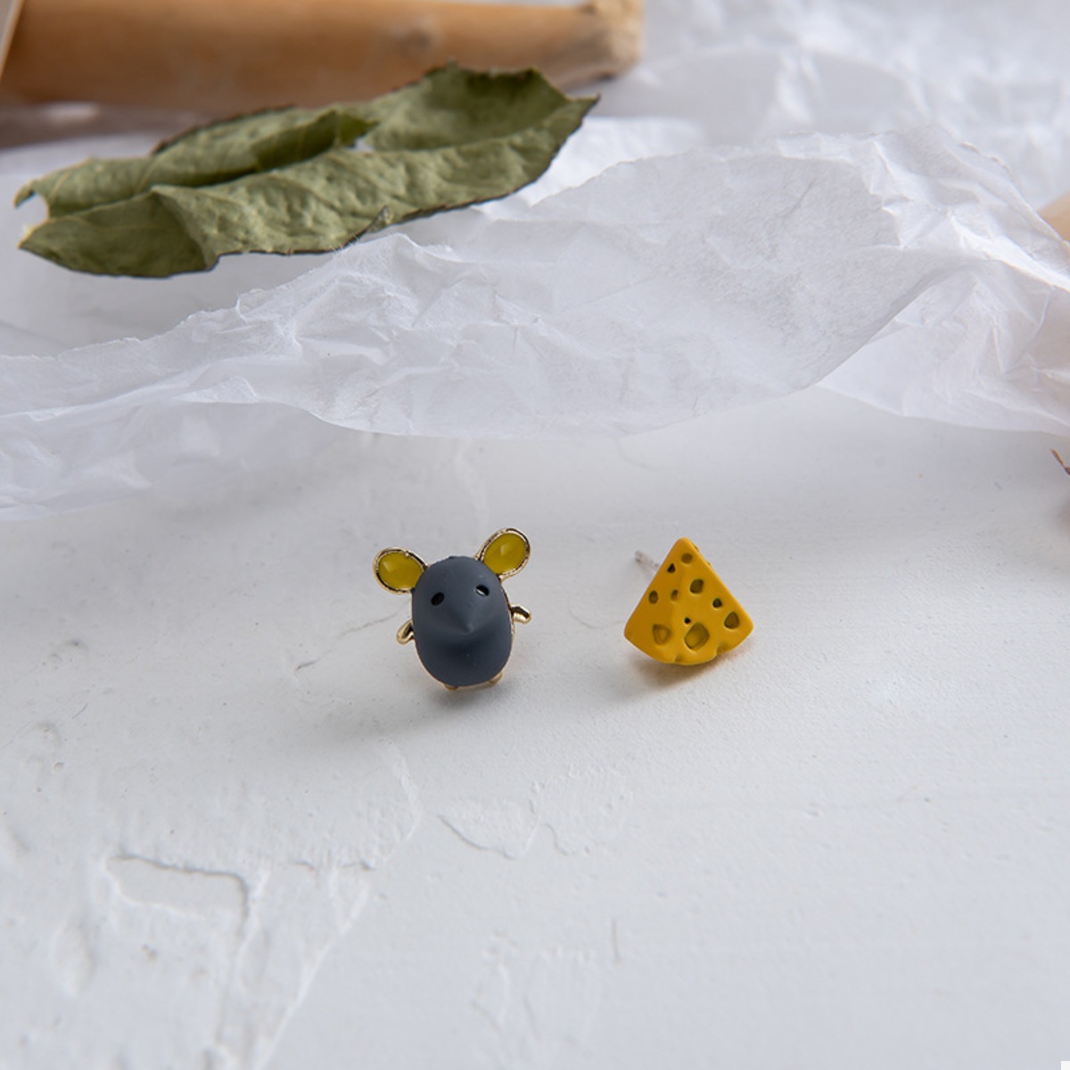 Asymmetrical Mouse & Cheese Stud Earrings