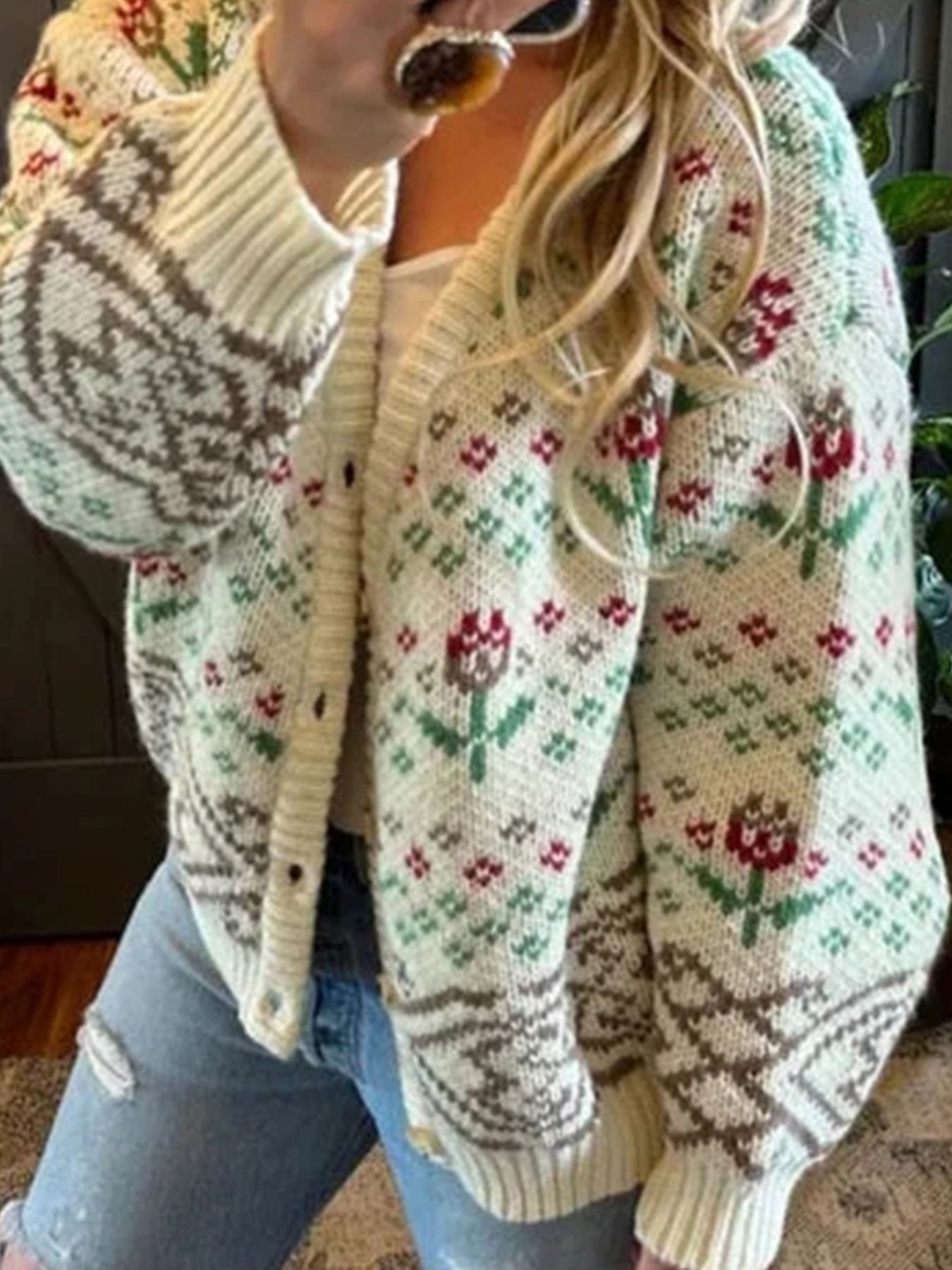 Floral Pattern Button-Up Cardigan