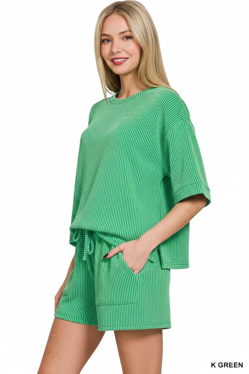 Raised Rib Short Sleeve Tee and Drawstring Shorts Set