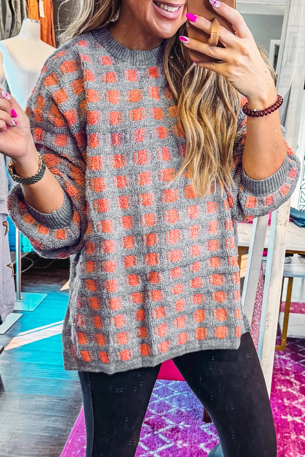 Plaid Round Neck Dropped Shoulder Sweater