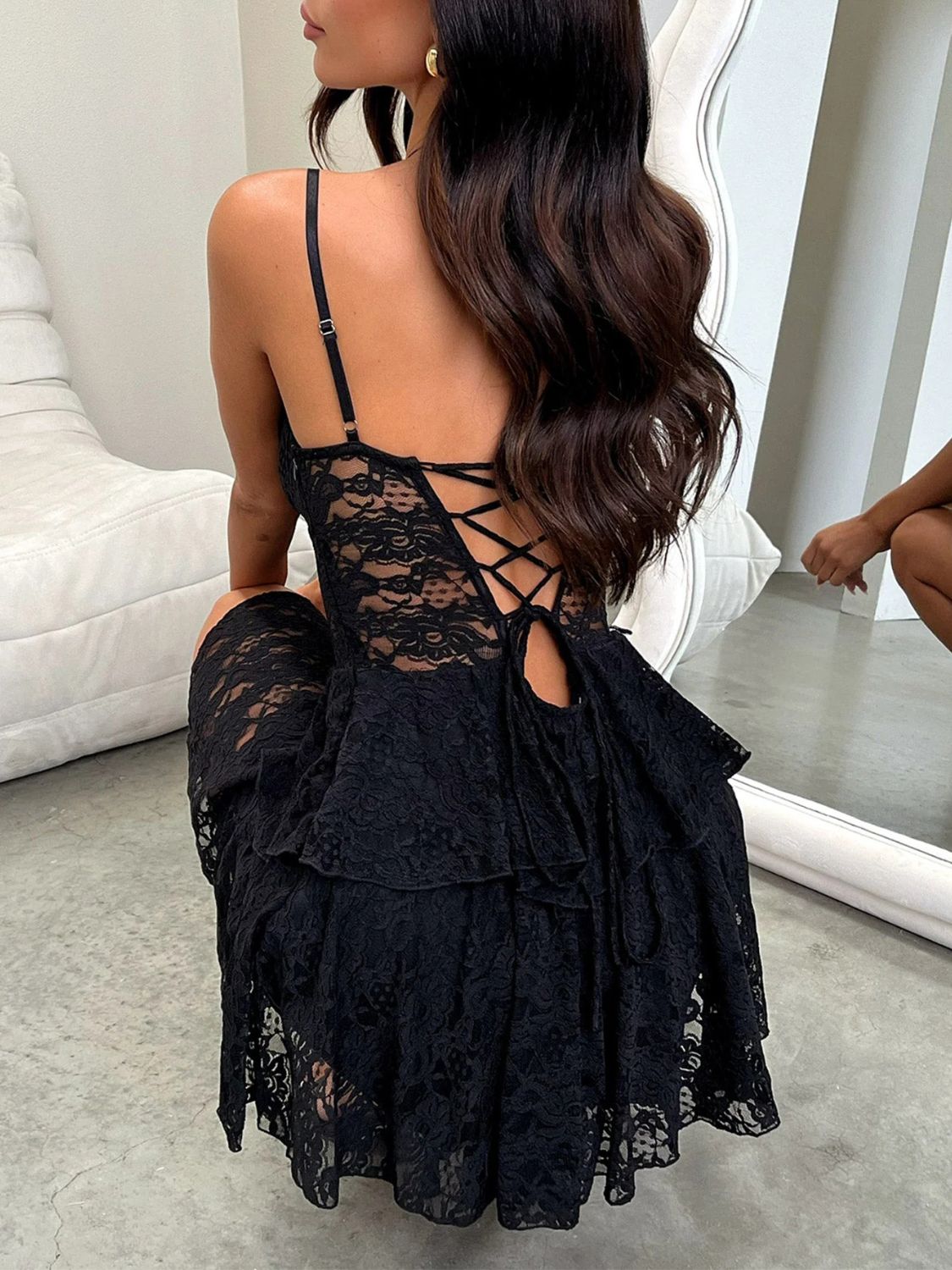 Devine Lace-Up Layered Lace Mini Cami Dress 2