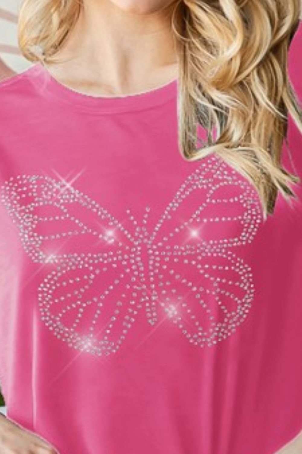 Full Size Rhinestone Butterfly Round Neck Short Sleeve T-Shirt Plus Size