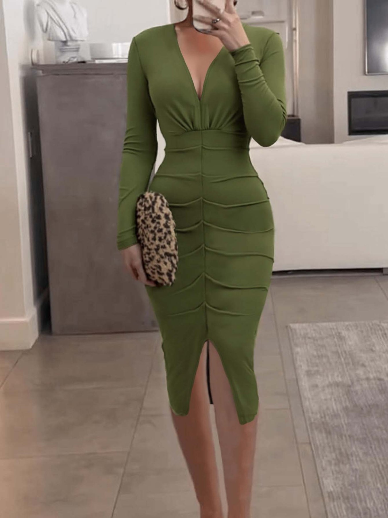 Ruched Deep V-Neck Bodycon Midi Dress