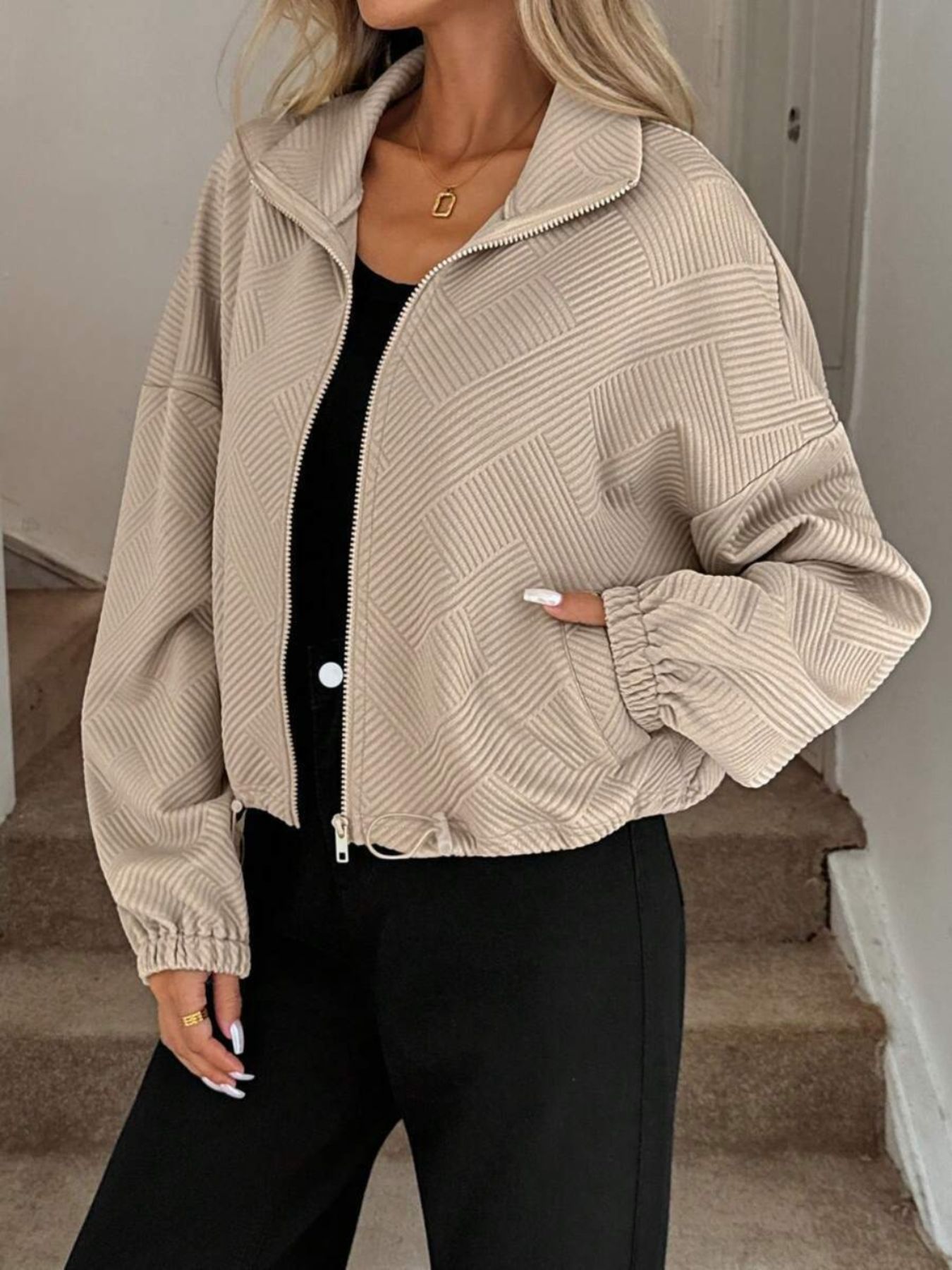 Textured Zip-Up Drawstring Hem Jacket