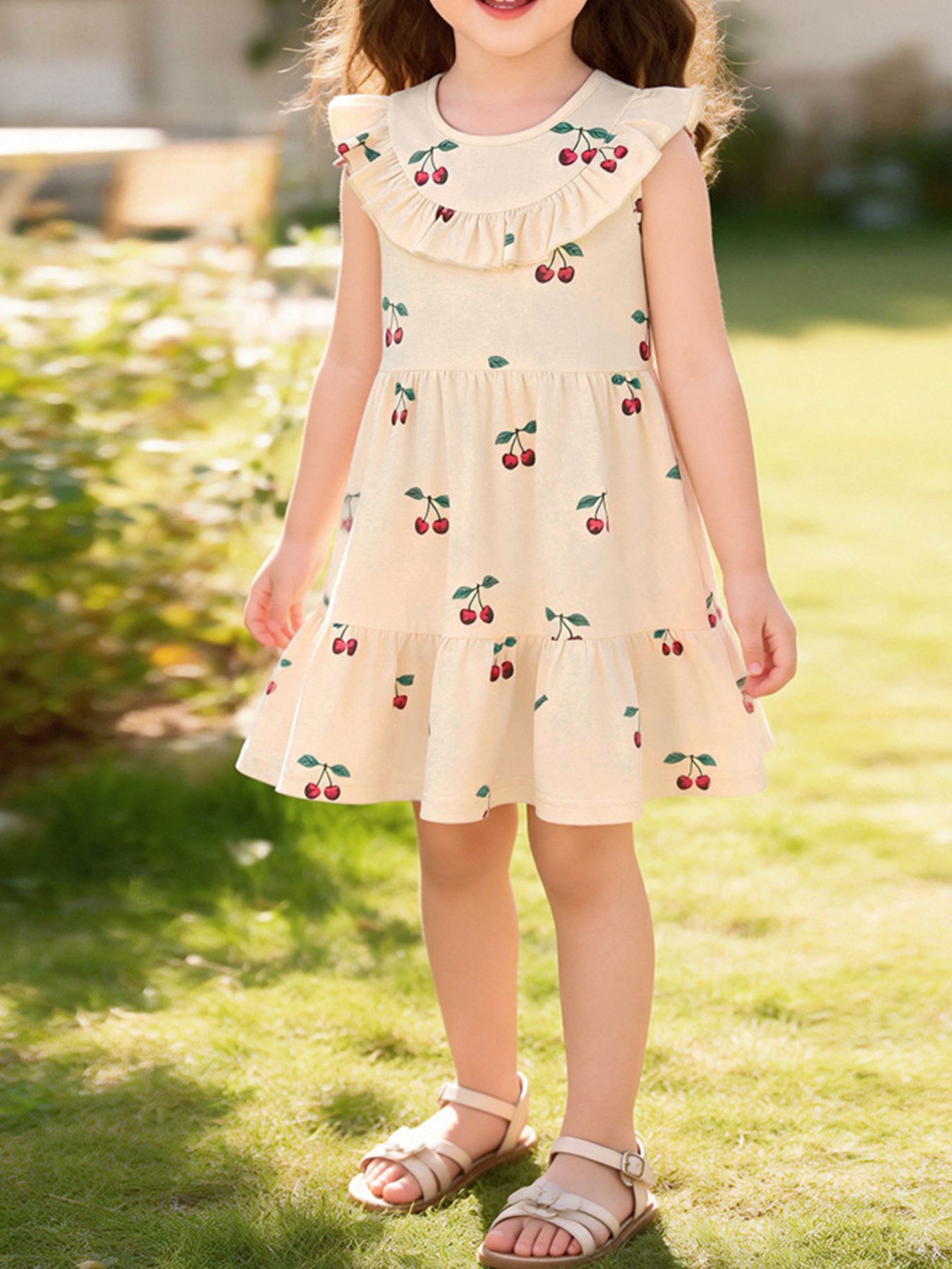 Children's Cherry Print Ruffle Neck Dress 1