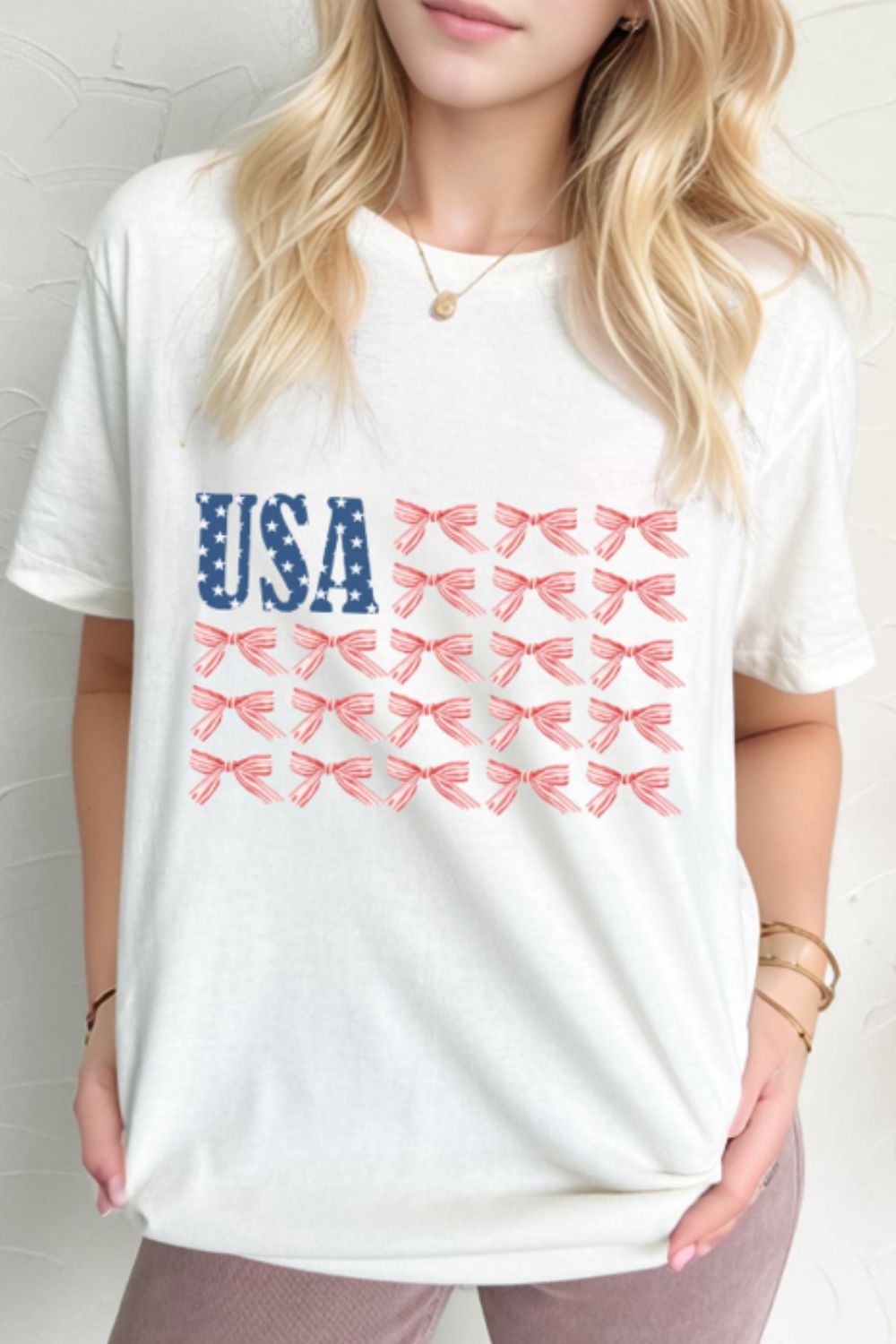 USA Flag Bow Knot Print Round Neck T Shirt