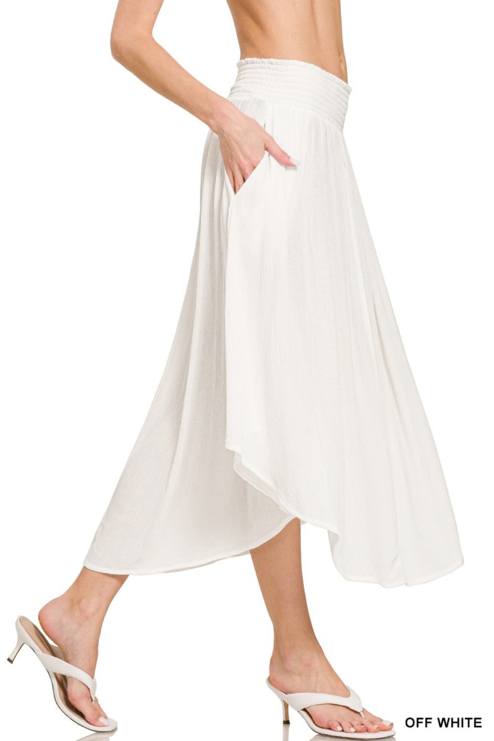 Woven Crinkle Smocked Waist Maxi Skirt W Pockets