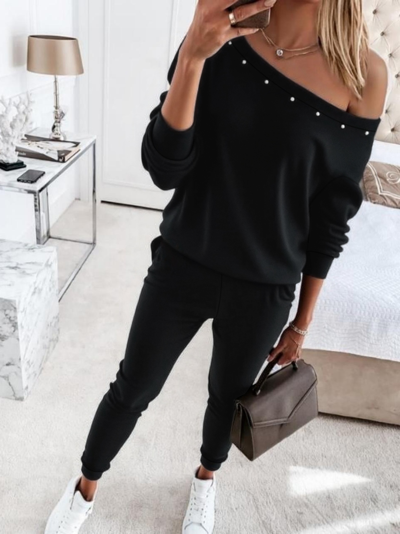 One-Shoulder Pearl Embellished Top and Pants Set