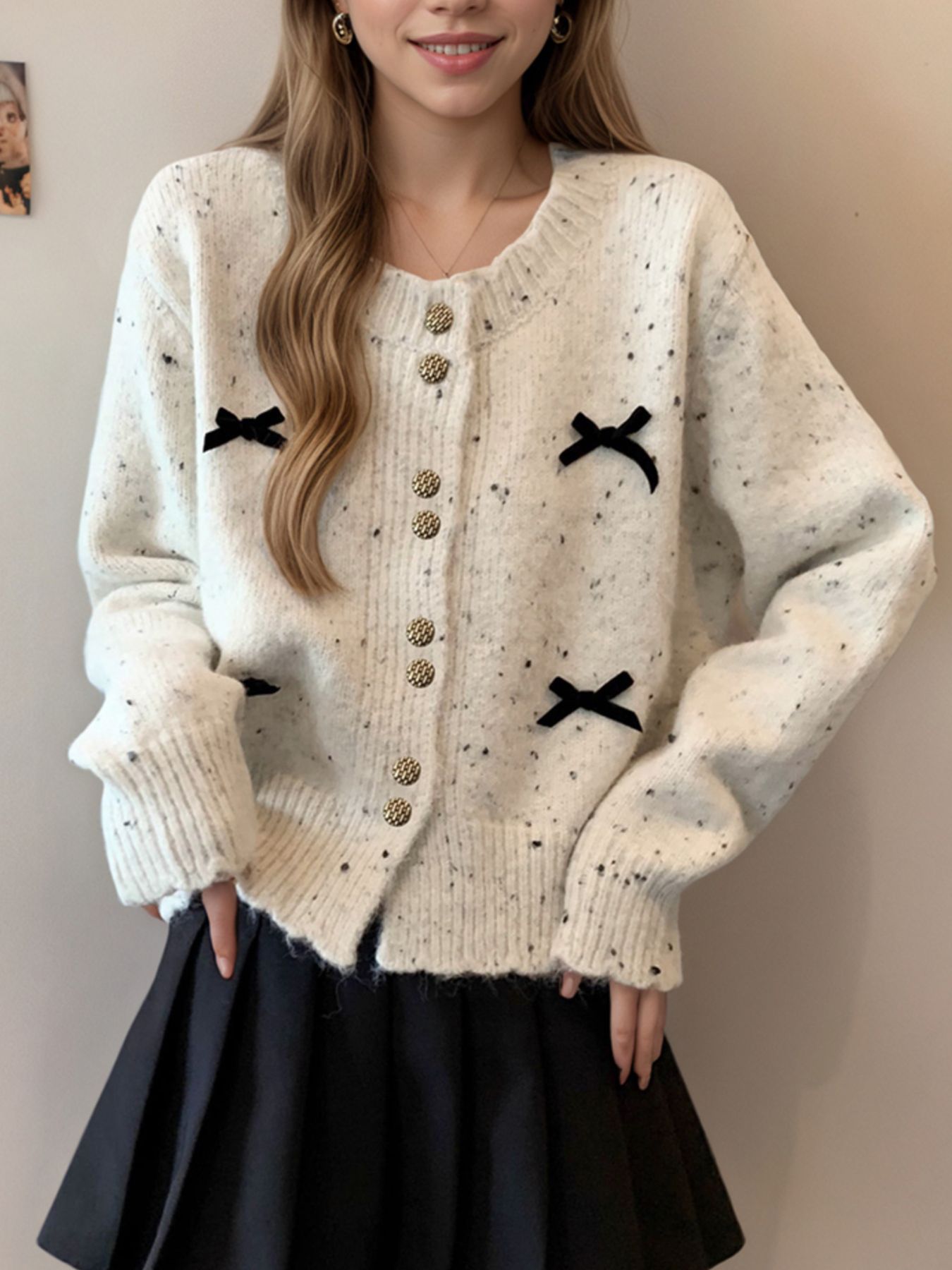 Bow Button Up Ribbed Hem Cardigan