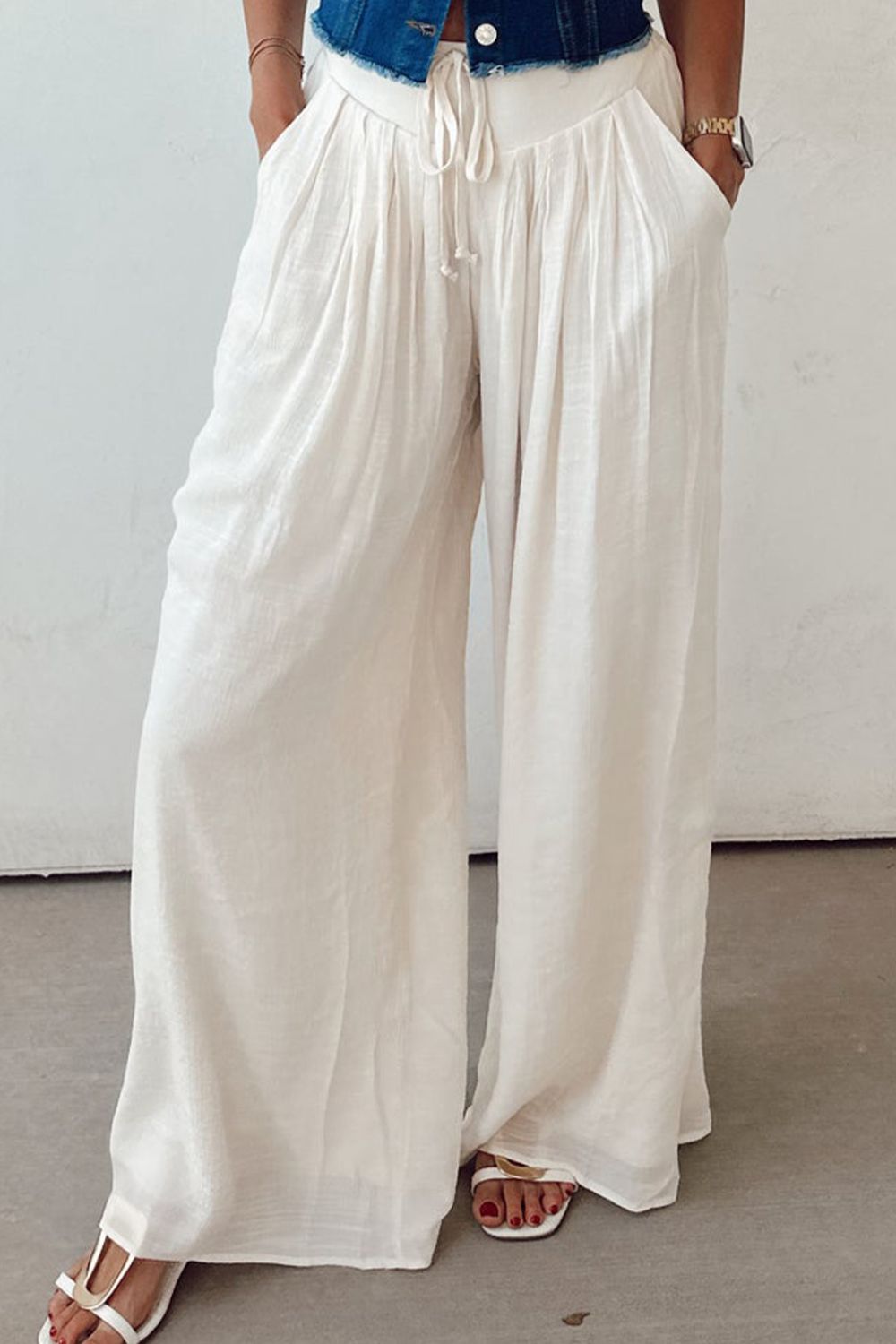 Tie Waist Pleated Wide Leg Pants