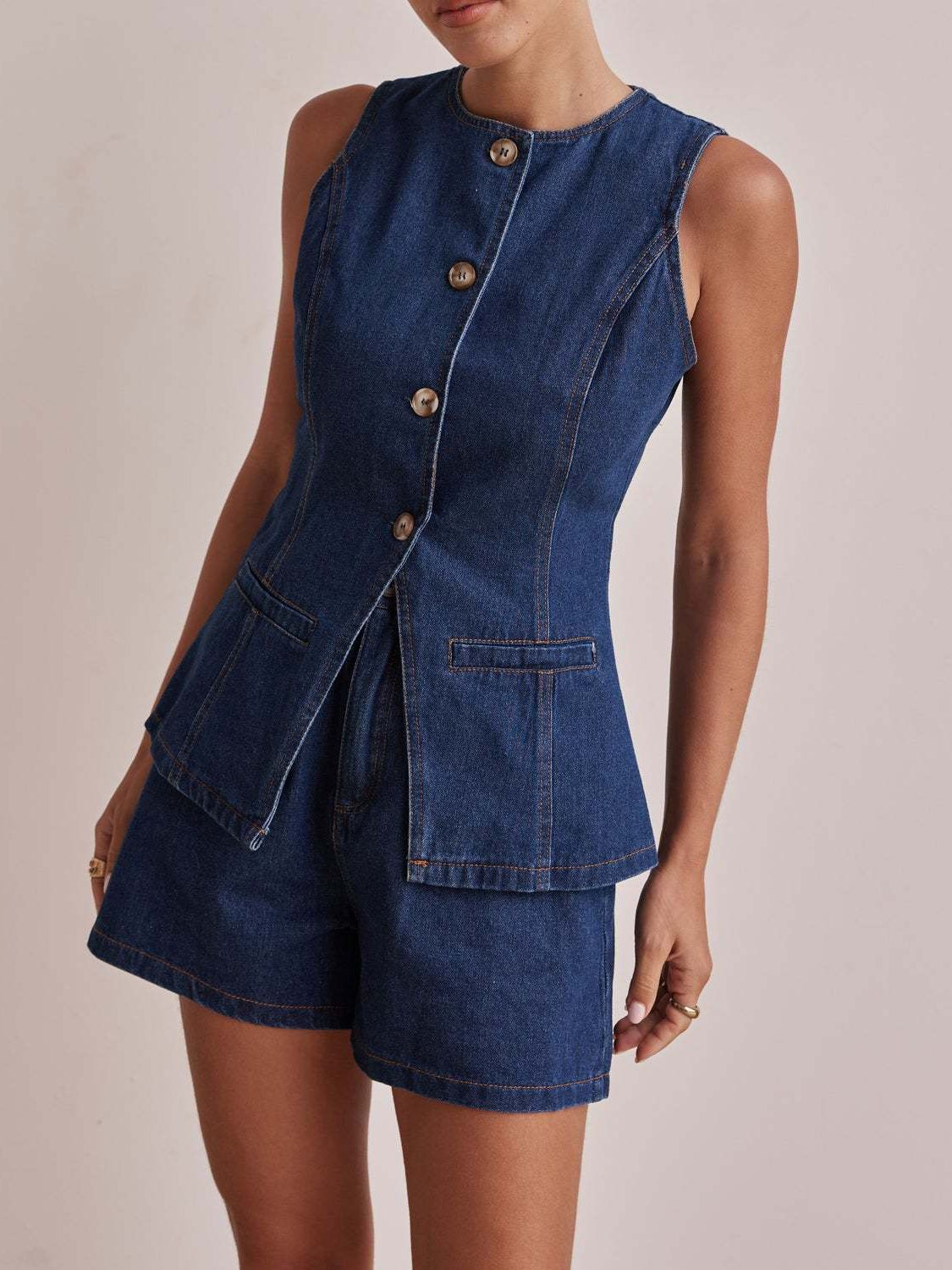 Button Down Vest and Shorts Denim Set